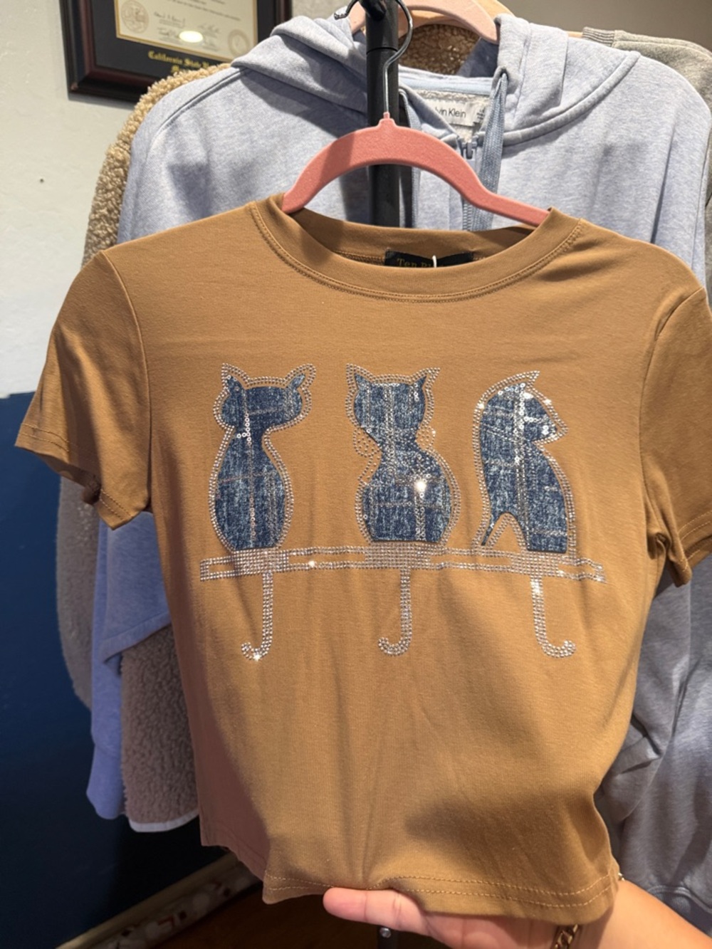 Tan Cat Tee with Blue Sequined Appliqués